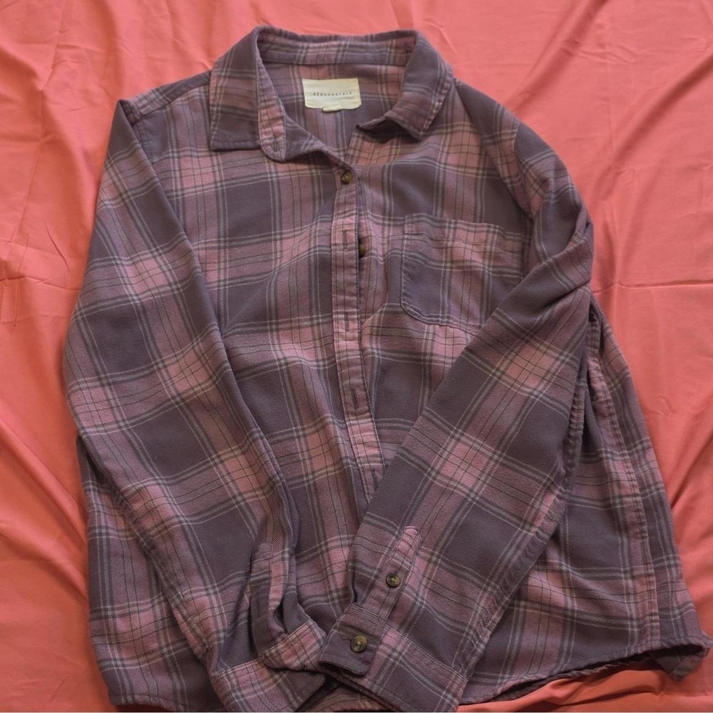 Aéropostale Woman's XL Purple Pink Plaid Long Sleeve Button-Up Shirt Pockets